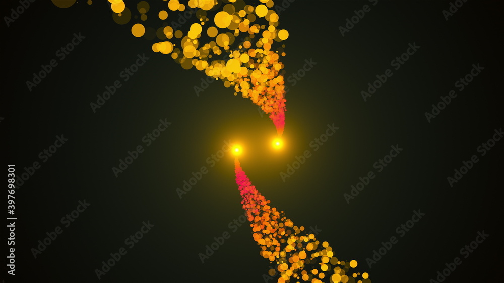 Poster runing lights with spiral trail from sparkling particles, computer generated. 3d rendering bright ba