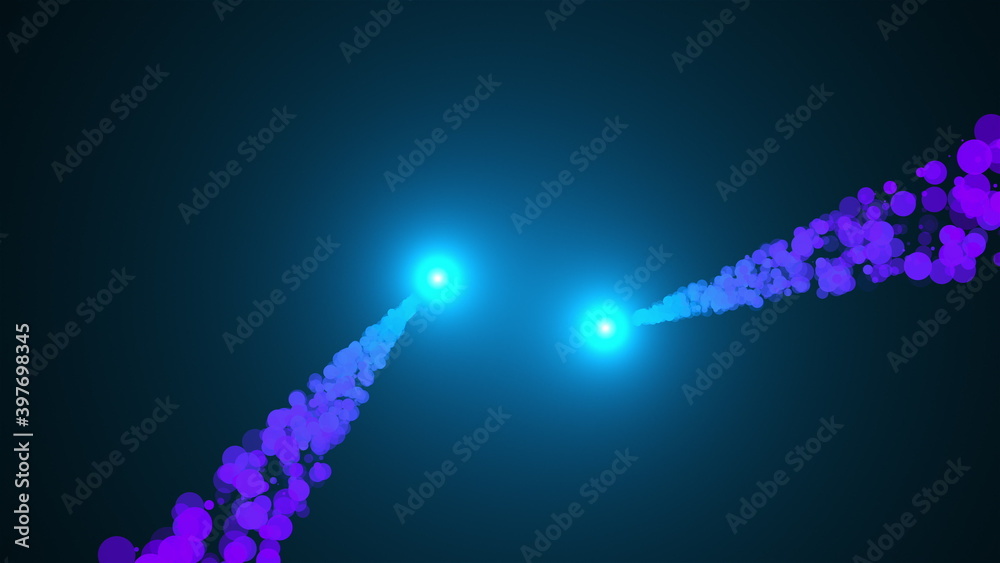 Poster runing lights with spiral trail from sparkling particles, computer generated. 3d rendering bright ba