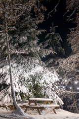 The charming view creates an incredible winter Christmas mood. A large fluffy spruce tree and a bench with a table, everything covered with fluffy snow, and lit by bright light from garlands.