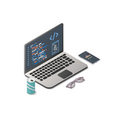 Learning to code. Programing concept. Isometric vector illustration. Isolated on white background.