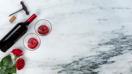 Fototapeta na wymiar Red wine and corkscrew opener for a Happy Valentines Day on marble stone background