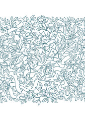 Seamless pattern, floral border. Floral seamless pattern. Birds, flowers, ribbons and snakes. Holiday invitation templates, packaging, perfume, gifts. Identity and Packaging design.