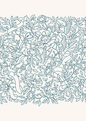 Seamless pattern, floral border. Floral seamless pattern. Birds, flowers and ribbons. Holiday invitation templates, packaging, perfume, gifts. 