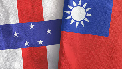Taiwan and Netherlands Antilles two flags textile cloth 3D rendering
