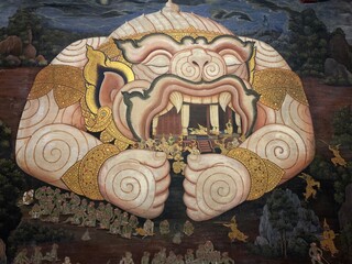 Bangkok, Thailand : December-5-2020 : A famous scene from the Ramakien in Temple of the Emerald Buddha  (Wat Phra Kaew) Bangkok, Thailand   Ramayana story arts painting   © Veruree