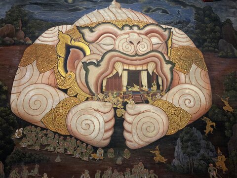Bangkok, Thailand : December-5-2020 : A famous scene from the Ramakien in Temple of the Emerald Buddha  (Wat Phra Kaew) Bangkok, Thailand
 
Ramayana story arts painting 
