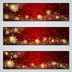 Naklejka na ściany i meble Christmas and New Year vector banner templates collection. Red vector background with stars, glitter effect and snowflakes