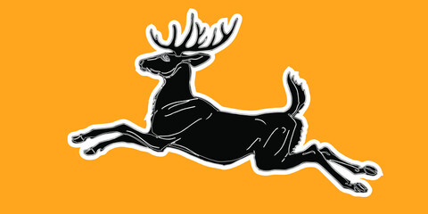isolated black silhouette of a single jumping horned deer on an orange background, for stickers, decoration