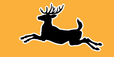 isolated black silhouette of a single jumping horned deer on an orange background, for stickers, decoration