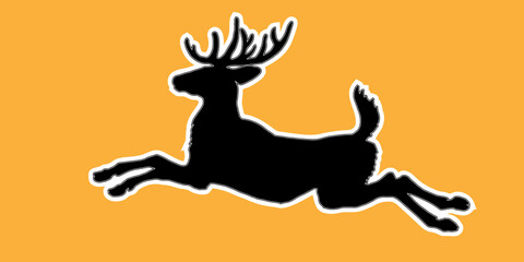 isolated black silhouette of a single jumping horned deer on an orange background, for stickers, decoration