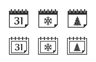 new year calendar icon set. winter holiday symbols. thirty-first, Christmas tree and snowflake