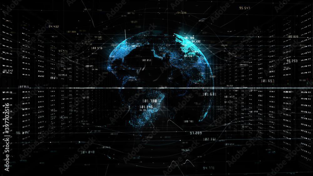 Poster digital data network in a server room of a data center. global 5g high speed internet connection and