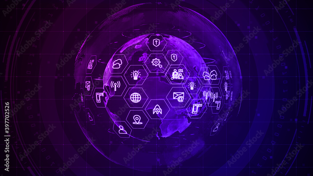 Poster technology network data connection, cyber security digital data, global 5g high speed internet conne