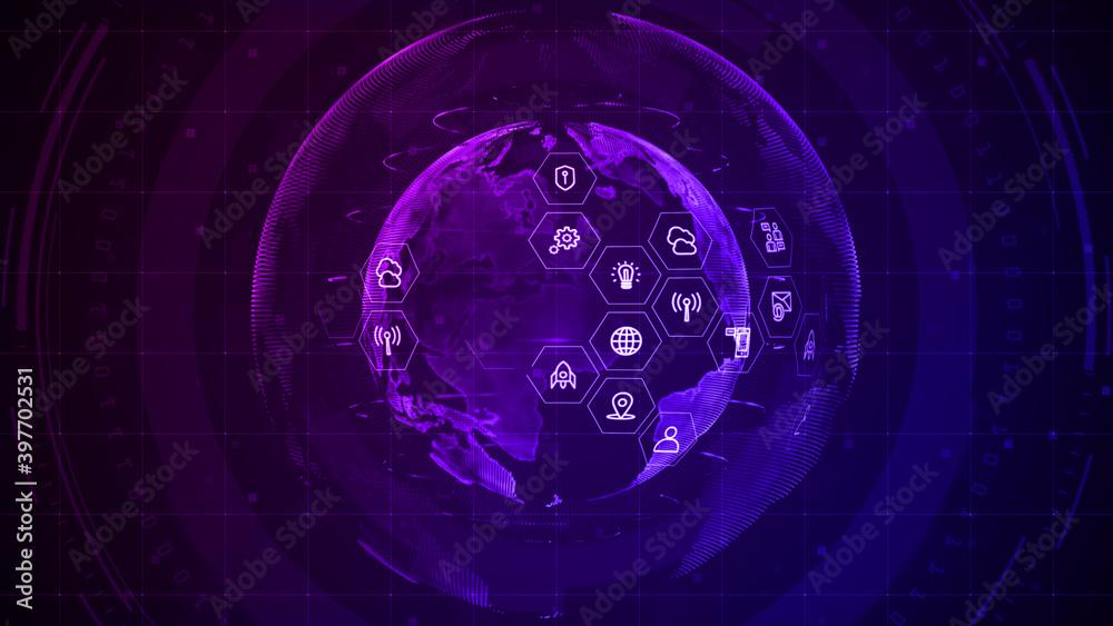 Poster technology network data connection, cyber security digital data, global 5g high speed internet conne