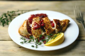 Turkey fillet with cranberry sauce presented on a plate. Christmas dinner. Healthly food.