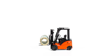 forklift with roll of dollars isolated on white background. Strongest financial assistance, support of business and people after coronavirus covid-19 pandemic. Mockup with copy space