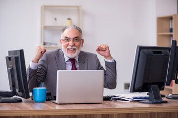 Old male boss sitting at desktop in the office