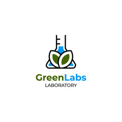 Green Labs Logo. Flask with leaves symbol for Bio Laboratory Logo