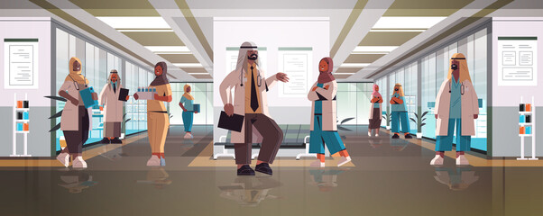 team of arabic doctors in uniform discussing during meeting in hospital corridor medicine healthcare concept horizontal full length vector illustration
