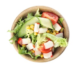 Delicious salad with crab sticks and lettuce in wooden bowl on white background, top view