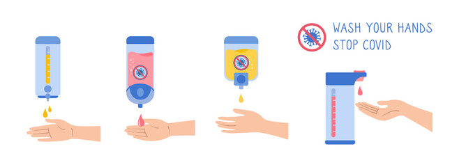 Proper hands washing, sanitizer wall, preventive maintenance bacteria cartoon set. Hand washing, disinfection, sanitary hygiene infographic. Antiseptic gel collection. Healthcare vector illustration