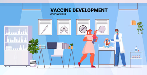 family doctor in mask vaccinating child patient to fight against coronavirus vaccine development medical immunization campaign concept clinic interior full length horizontal vector illustration