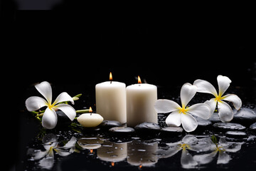 spa still life of with frangipani with candle 
and zen black stones ,wet background

