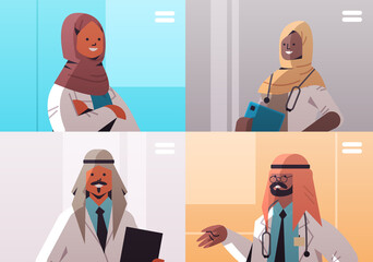 arabic doctors group in web browser windows discussing during video conference medicine healthcare online communication concept horizontal portrait vector illustration
