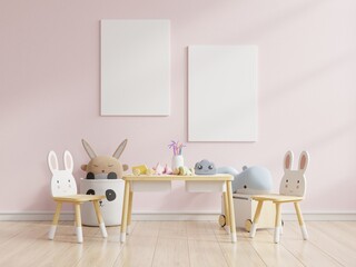Mock up poster in the children's bedroom in pastel colors on empty pink wall background.