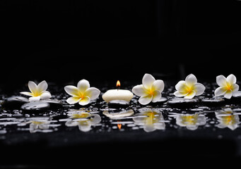 Fototapeta na wymiar spa still life of with row of frangipani with candle 