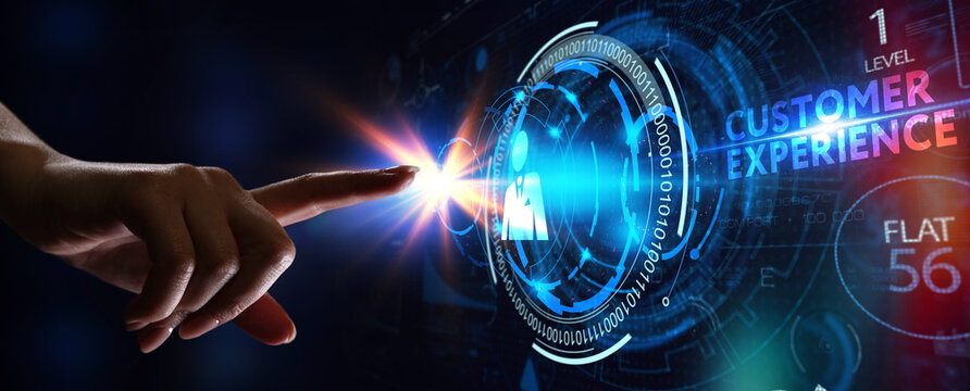 Business, Technology, Internet and network concept. Technology future. Young businessman, working on the smartphone of the future, clicks on the virtual display button: Customer Experience.