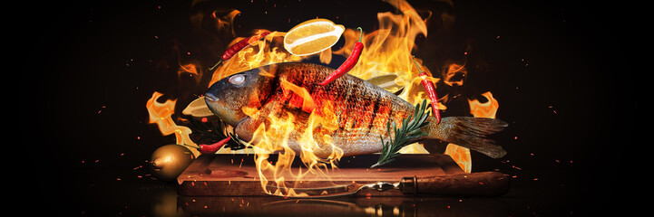 Tasty sea fishes flying in the air. Freeze motion barbecue concept. 3d rendering.