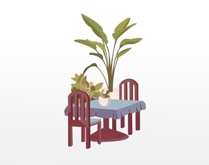 Vector of a dining table with two chairs and decoration plants