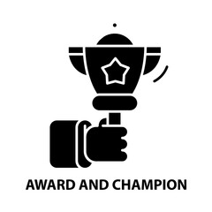 award and champion icon, black vector sign with editable strokes, concept illustration