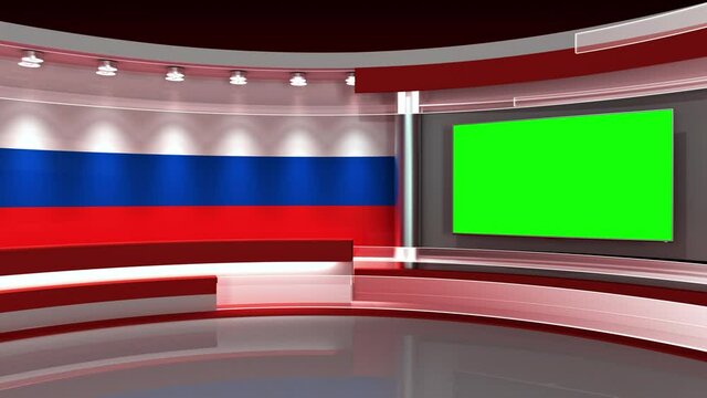 TV studio. Russia. Russian flag studio. Russian flag background. News studio. Backdrop for any green screen or chroma key video or photo production. 3d render. 3d
