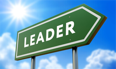 leader Green Road Sign Against Clouds and Sunburst.