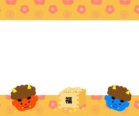 Fototapeta premium 鬼と福豆の梅柄節分フレーム素材