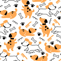 Seamless pattern of cute dog puppy. Cartoon funny and happy dog character with simple shape style. Illustration for background, wallpaper, textile, fabric.