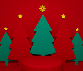 Christmas themed podium illustration, stage and trees on a red background, 3d render illustration  