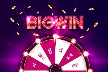 Casino spinning fortune wheel vector banner template. Rotating roulette, lottery game poster layout. Jackpot Big Win lightbulbs glowing sign. Gambling business. Game of luck playing