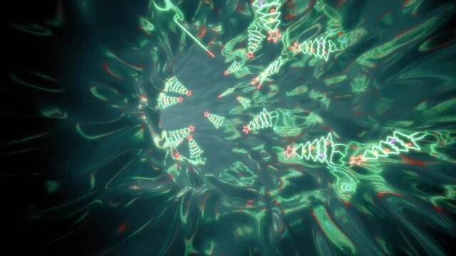 neon christmas tree Lights on psychedelic reflective tunnel 4k