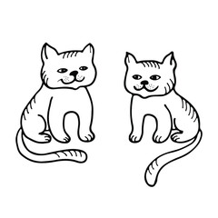 Two cats black lines on white background. Hand draw with brush and ink. Cute doodle funny characters for design – cards, advertising, web. Can be used for Valentine's day. Vector illustration