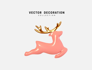 Fototapeta premium Deer decorative Christmas element design from ceramic. Realistic 3d object Xmas pink reindeer. Vector illustration