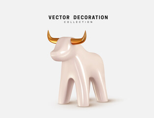 The symbol of the New Year 2021 will be held under the sign of the White Metal Bull. Bull isolated 3d icon and logo. Realistic glass porcelain figurine of cow or ox. Vector illustration