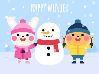 cute rabbits and snowman happy winter card