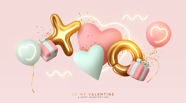Romantic creative composition. Happy Valentine's Day. Realistic 3d festive decorative objects, heart shaped balloons and XO symbol, falling gift box, glitter gold confetti. Holiday banner and poster.