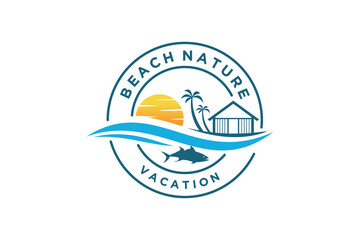 PrintBeach logo design, vacation resort outdoor recreation trip adventure badge coconut tree wave element, fish icon.