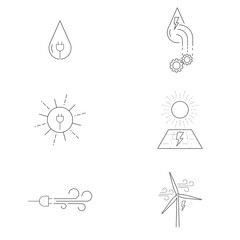 Editable stroke renewable energy symbol set. Hydropower, solar power, wind power. Vector illustration outline flat design style.