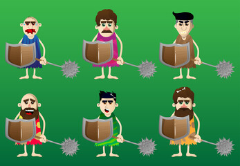 Cartoon man from a prehistoric era holding a spiked mace and shield. Vector illustration of a man from the stone age with ancient weapons.