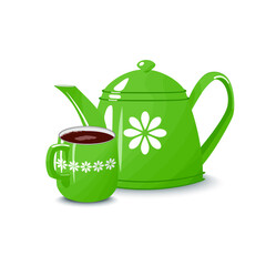 Green teapot. A cup. Isolated white background.